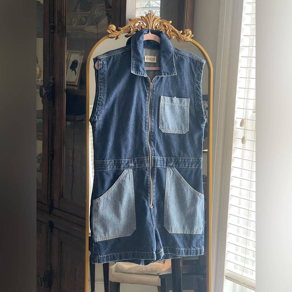 Etica Samantha Utility Denim Sleeveless Zip Romper with Contrast Pockets
